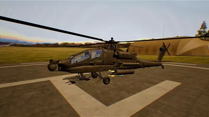 A virtual reality simulation of a military AH-64 Apache helicopter parked on a concrete helipad. The scenario is set in a field with clear skies, designed for VR training of Helicopter Landing Officers and pilots. The environment provides a realistic backdrop for mastering the techniques of safely landing and coordinating in various conditions, focusing on enhancing decision-making skills and promoting effective pilot and officer teamwork.