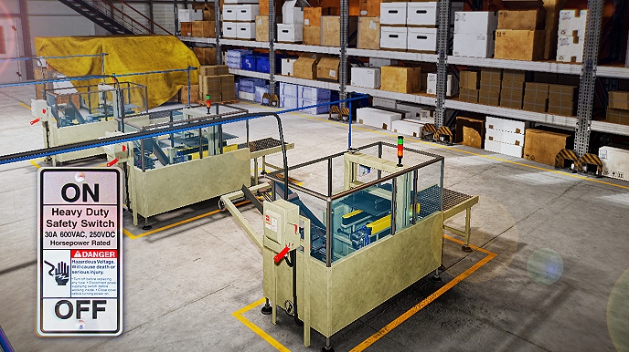 Simulated industrial plant floor with machinery, storage racks, and safety zones — used as the title card for Lockout-Tagout VR training.