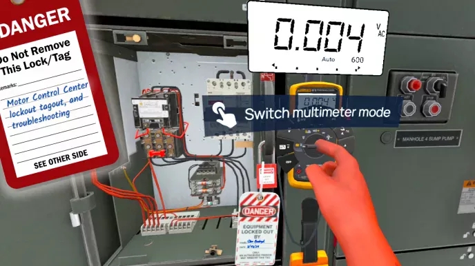 Motor Control Center Troubleshooting in a VR environment, showcasing electrical panels, safety labels, and a toolbox for electrical safety training.