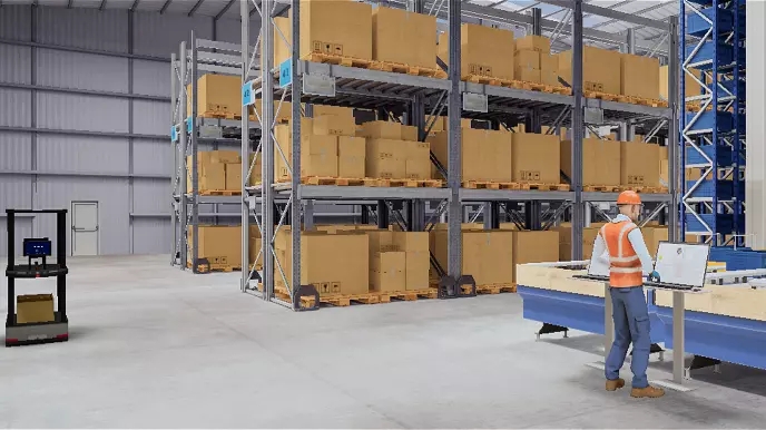 A virtual reality simulation of a warehouse environment, featuring a worker in an orange safety vest and blue pants standing next to a blue conveyor belt. Cardboard boxes are neatly stacked on high shelves in the background, illustrating a training scenario for warehouse operations and picking. The VR setting provides a realistic backdrop for trainees to learn about the supply chain and safely practice the role of a picker in an immersive, controlled environment.