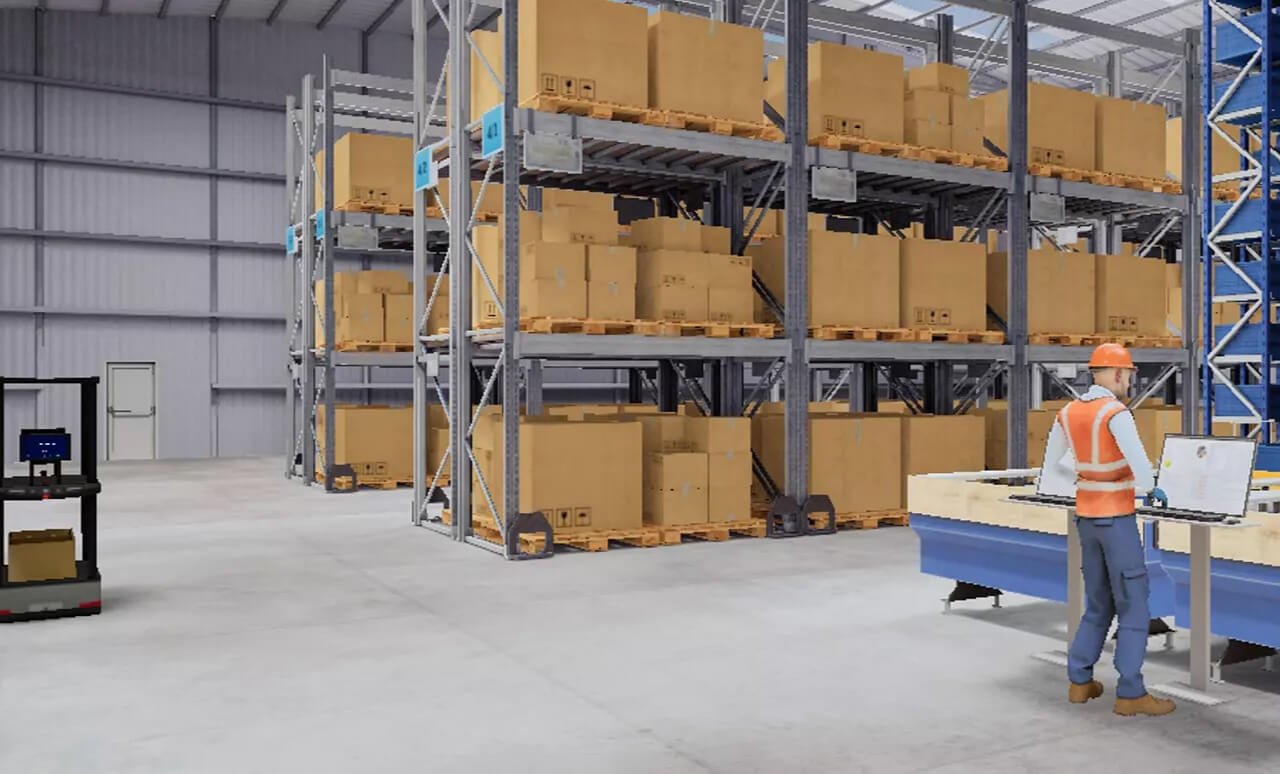 A virtual reality simulation of a warehouse environment, featuring a worker in an orange safety vest and blue pants standing next to a blue conveyor belt. Cardboard boxes are neatly stacked on high shelves in the background, illustrating a training scenario for warehouse operations and picking. The VR setting provides a realistic backdrop for trainees to learn about the supply chain and safely practice the role of a picker in an immersive, controlled environment.