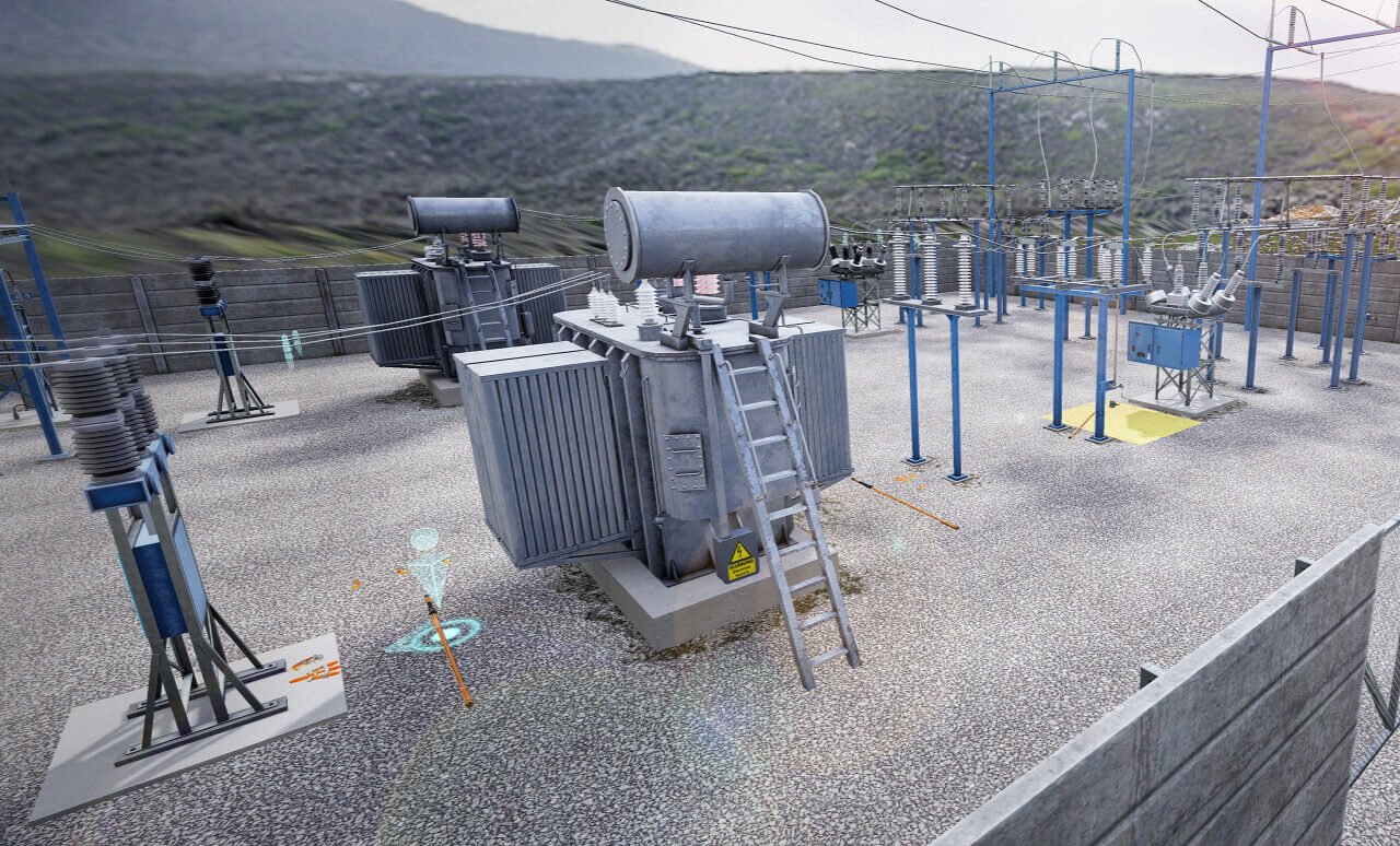 VR Training Module for MV Substation Transformer Isolating, showing equipment handling and safety procedures with PPE. Includes a transformer, hot stick, and protective grounds setup in a substation environment.