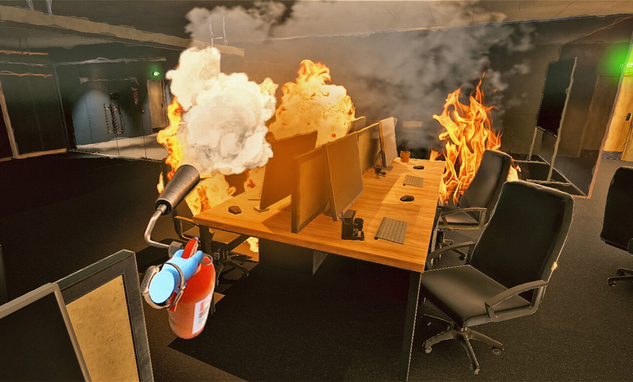Virtual hand using a fire extinguisher to put out flames in an office during a VR fire safety training, demonstrating the practical use of firefighting equipment in a simulated emergency scenario.