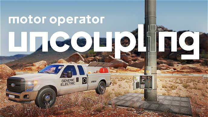 Training card for Motor Operator Uncoupling VR module showing a utility truck parked beside a vertical motor operator switch in a desert substation environment.
