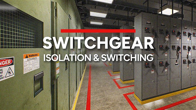Training card for Switchgear Isolation & Switching VR module showing an operator in full PPE approaching a medium voltage switchgear lineup and low voltage MCC to perform safe isolation and switching procedures.