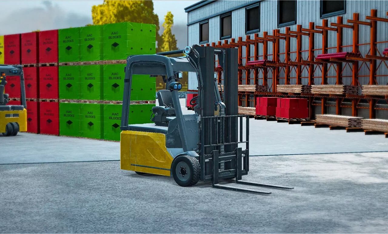 A digital rendering of a yellow and black forklift in a virtual reality setting, positioned on a concrete floor. The forklift is depicted with its fork arms lowered, situated in front of a warehouse with stacks of green and red pallets visible in the background, suggesting an industrial or logistical training scenario.