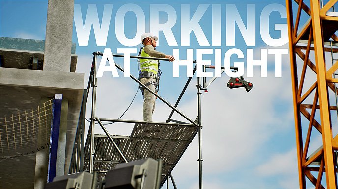 Construction worker secured on scaffold top level with safety pulley in view — used as the title card for Working at Height  VR training.