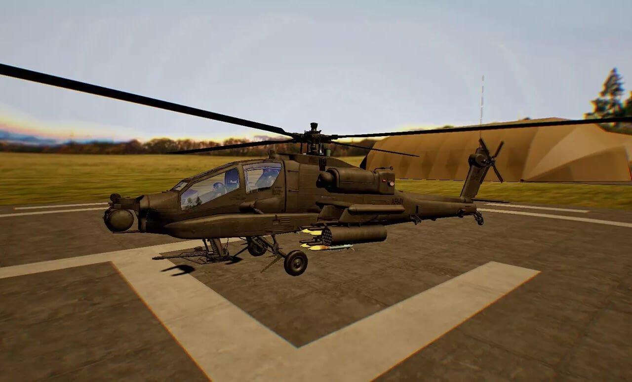 A virtual reality simulation of a military AH-64 Apache helicopter parked on a concrete helipad. The scenario is set in a field with clear skies, designed for VR training of Helicopter Landing Officers and pilots. The environment provides a realistic backdrop for mastering the techniques of safely landing and coordinating in various conditions, focusing on enhancing decision-making skills and promoting effective pilot and officer teamwork.