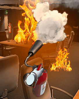 Virtual hand using a fire extinguisher to put out flames in an office during a VR fire safety training, demonstrating the practical use of firefighting equipment in a simulated emergency scenario.