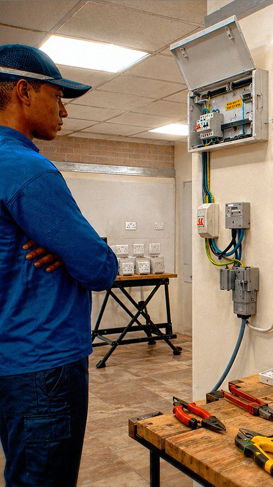 Electrical apprentice in a VR training workshop reviewing a wall-mounted UK consumer unit, installed 32 A MCB, and routed cables connecting to double socket outlets — preparing to assemble radial and ring final circuits to BS 7671 Wiring Regulations.