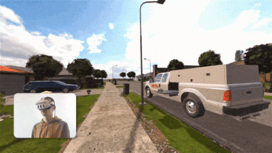 3D render of a suburban street from the MITA EWRB Sequence of Testing VR training, showing houses, vehicles, and street elements for realistic simulation.